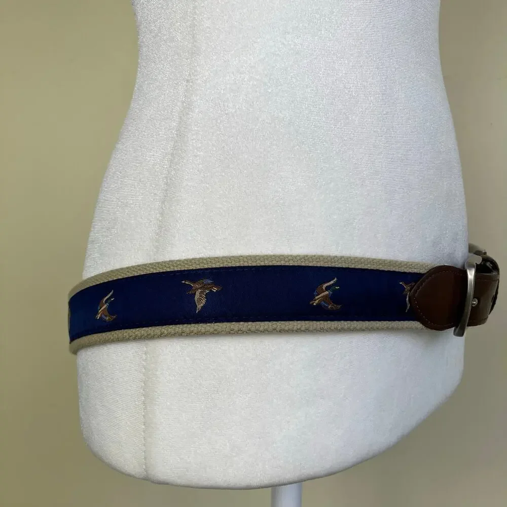 KEH Mens Sz M / 36 Vintage Leather Canvas Belt w Mallard Duck Design Brown Blue